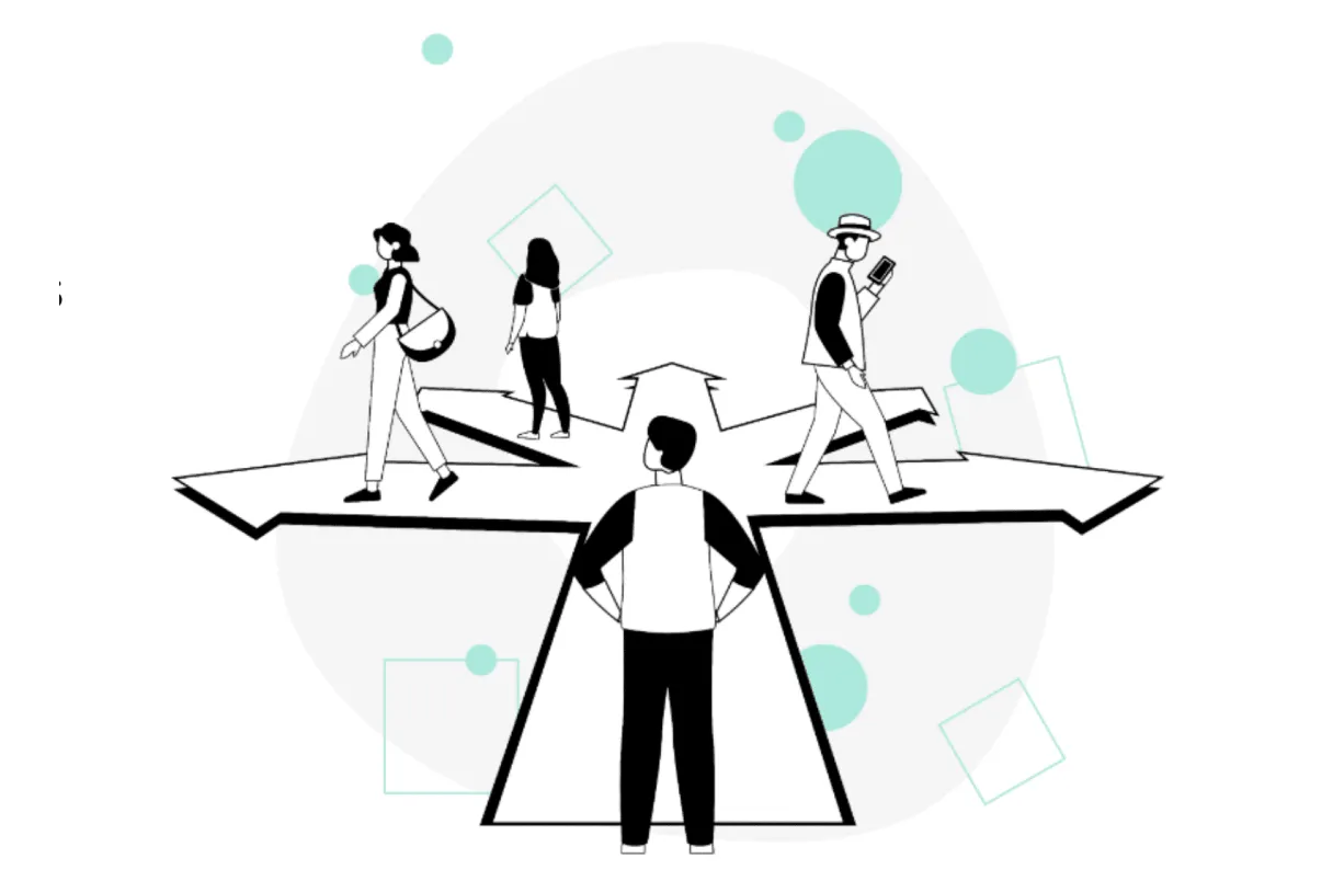 "A conceptual graphic from Company Wave Nine on strategic planning. A leader stands at a crossroads, symbolizing the critical decisions required to set a clear business direction and align teams towards a common goal."
