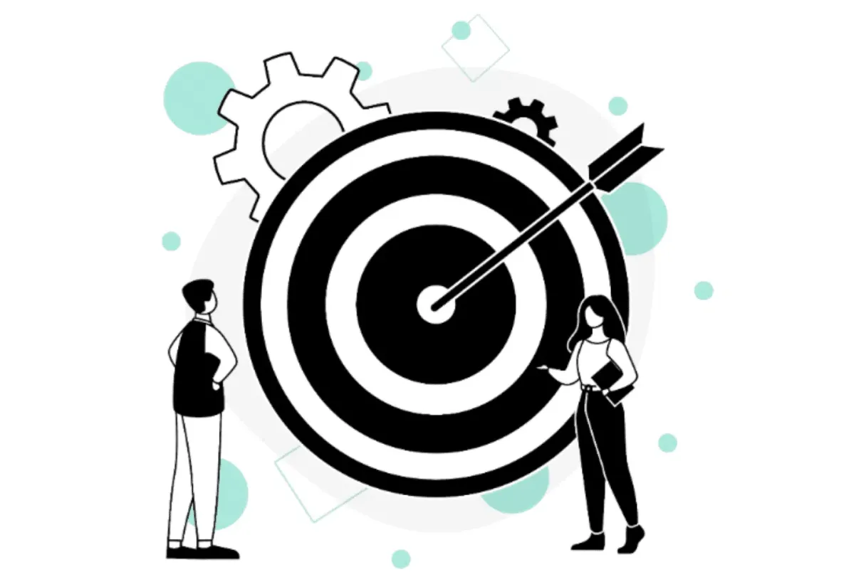 "A conceptual illustration from Company Wave Nine about setting business objectives. It shows a team focused on a target, representing clear goals, strategic planning, and successful execution."