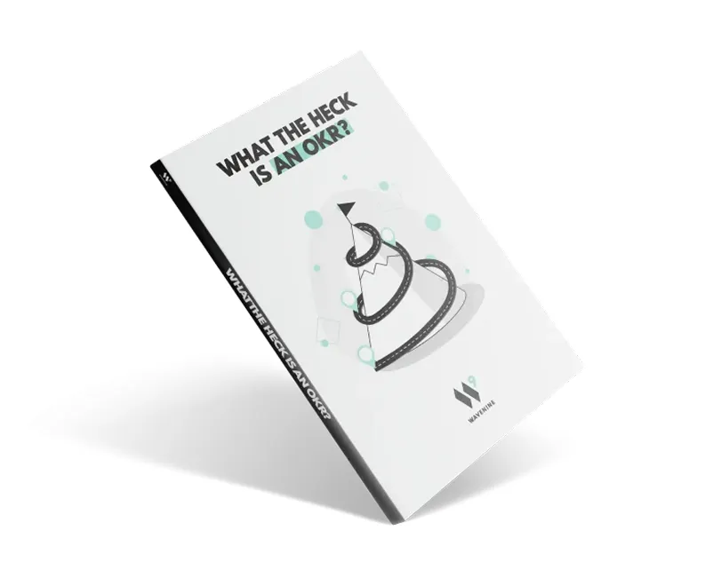 The cover of the Wavenine ebook, "What the Heck is an OKR?". The artwork shows a winding path leading up a mountain, symbolizing a beginner's guide to the Objectives and Key Results (OKR) framework.