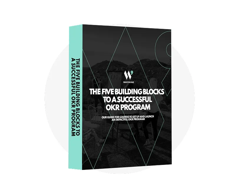 The 3D cover of the Wavenine guide for leaders titled, "The Five Building Blocks to a Successful OKR Program." The professional, dark cover highlights the ebook's focus on creating an impactful goal-setting framework.