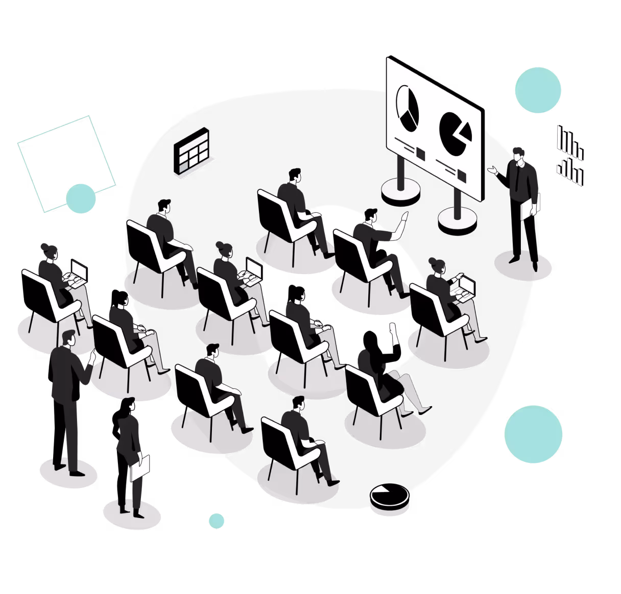 Wave Nine OKR training illustration showing nonprofit teams learning strategy alignment and data-driven goal setting.