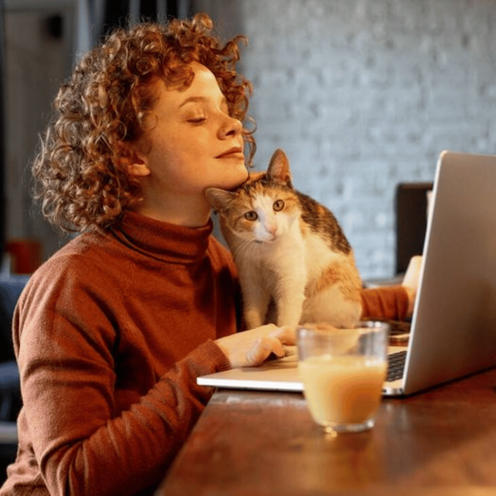 Una mujer está usando un notebook con un gato que la acompaña.