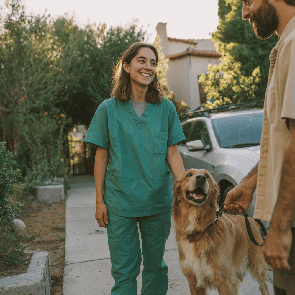 Una veterinaria llegando a una casa, saluda a un perrito y a su dueño.