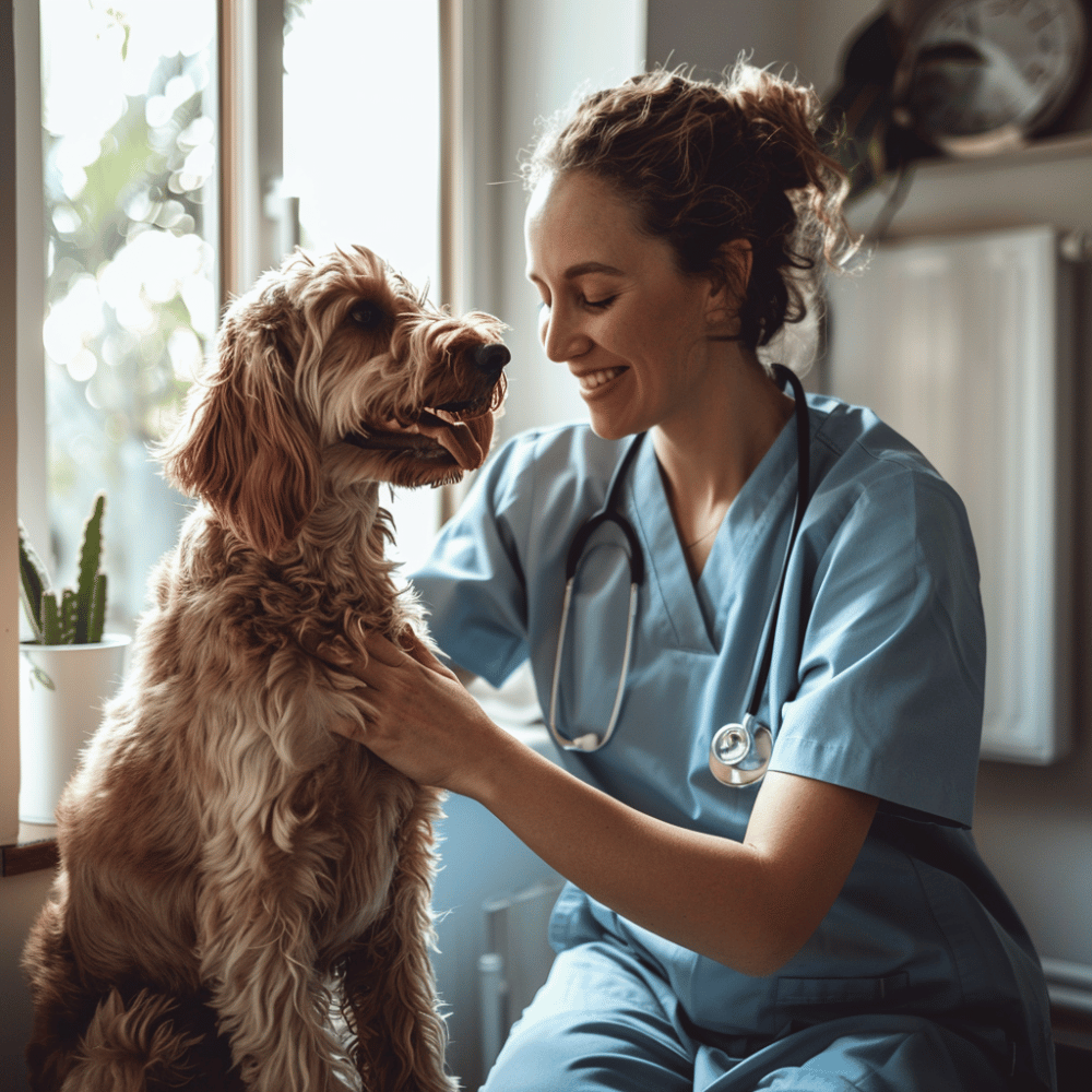 Veterinaria sonriente revisa a un perro dentro de una casa