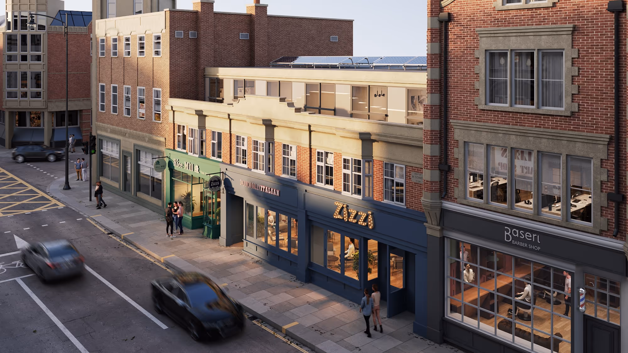 CGI of a mixed-use development at sunset by Khandys, showing a high street and restaurant with flats above