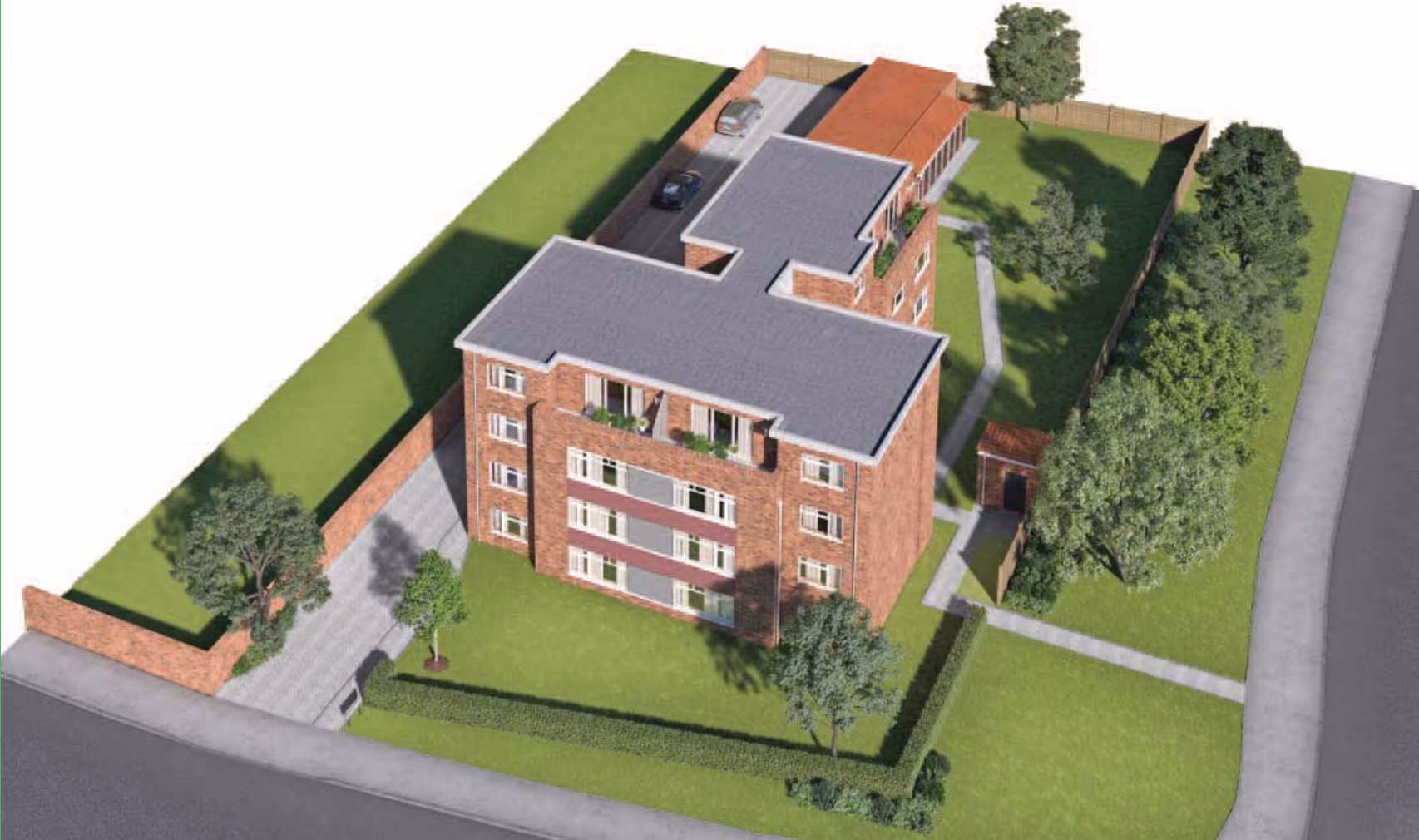 An aerial view CGI of an airspace project developed by Khandys in Surrey