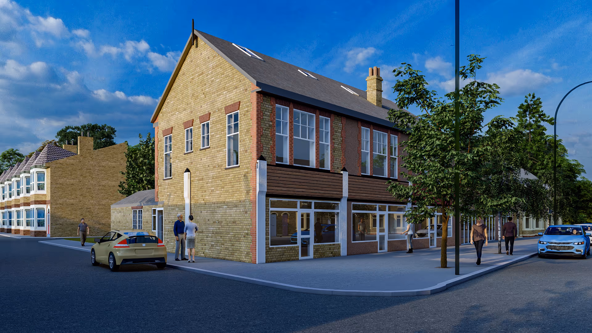 A CGI of a mixed-use corner building developed by Khandys in London