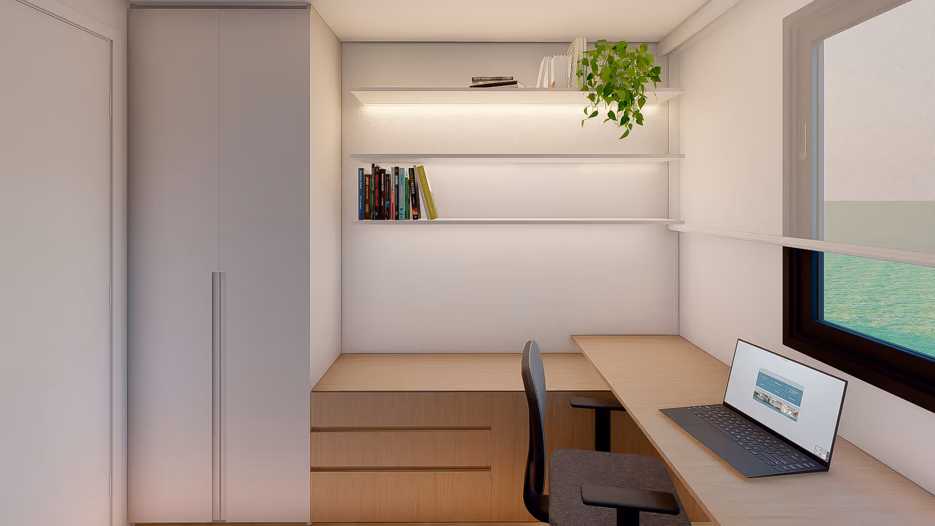 Home office com armário branco, bancada em L, prateleiras com livros e cadeira de escritório