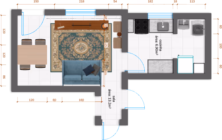 Planta de sala e cozinha com móveis posicionados e dimensões do ambiente