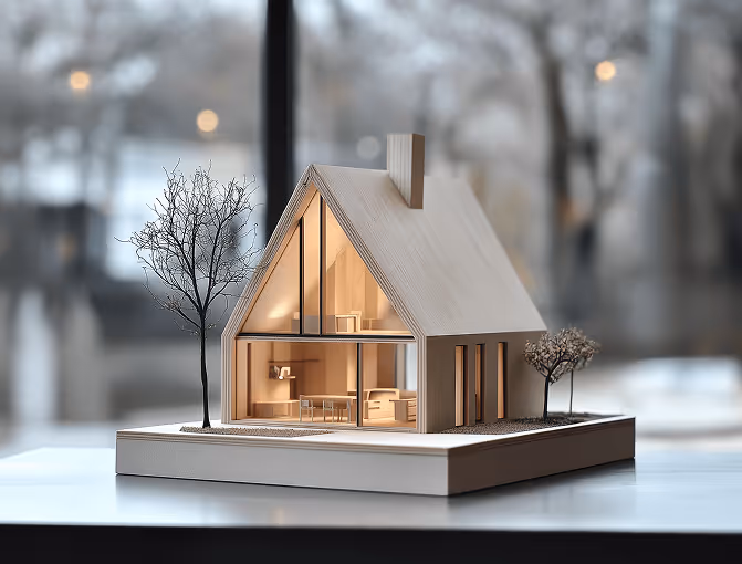 A wooden model of an A-frame house. Lights are on inside the house
