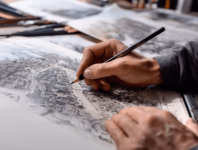 An architects hand holds a pen and draws on some architectural drawings