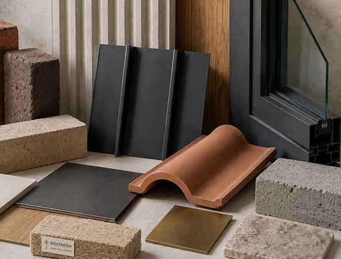 A group of items positioned together against a brick wall to show colours and textures for and interiors and architecture project