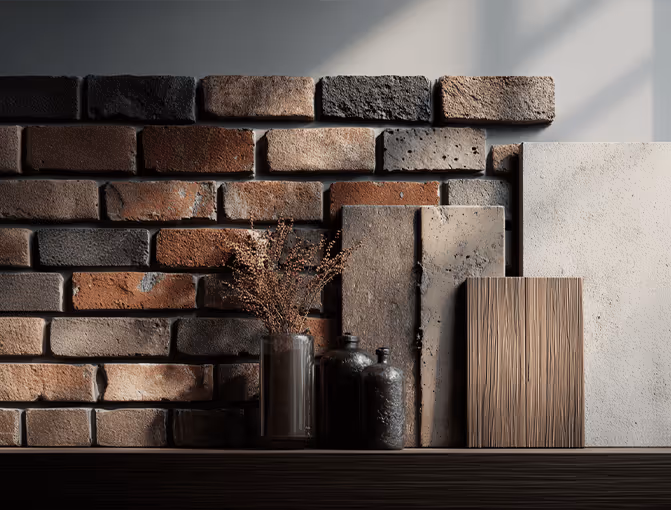 A group of items positioned together against a brick wall to show colours and textures for and interiors and architecture project