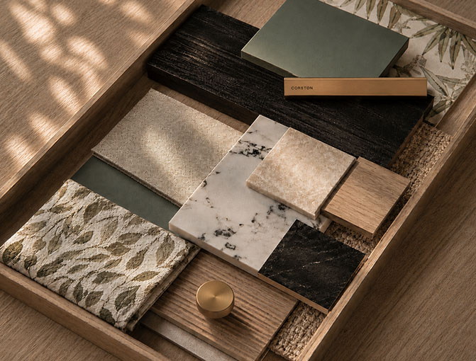A set of different items positioned together to show a variety of colours textures for interiors planning