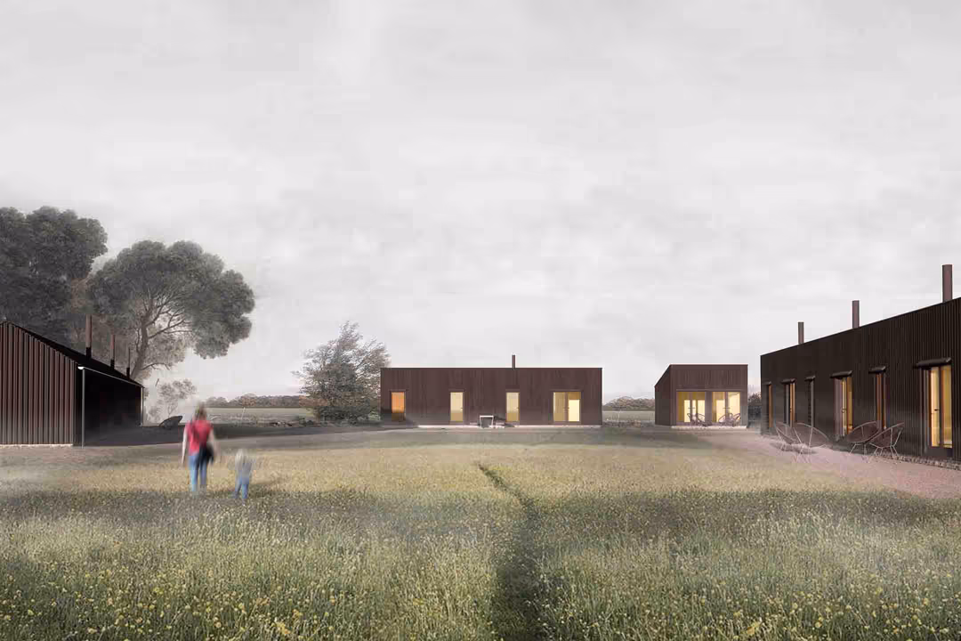 A render image of a mother and child walking in a field of flowers amongst the Hopper Huts