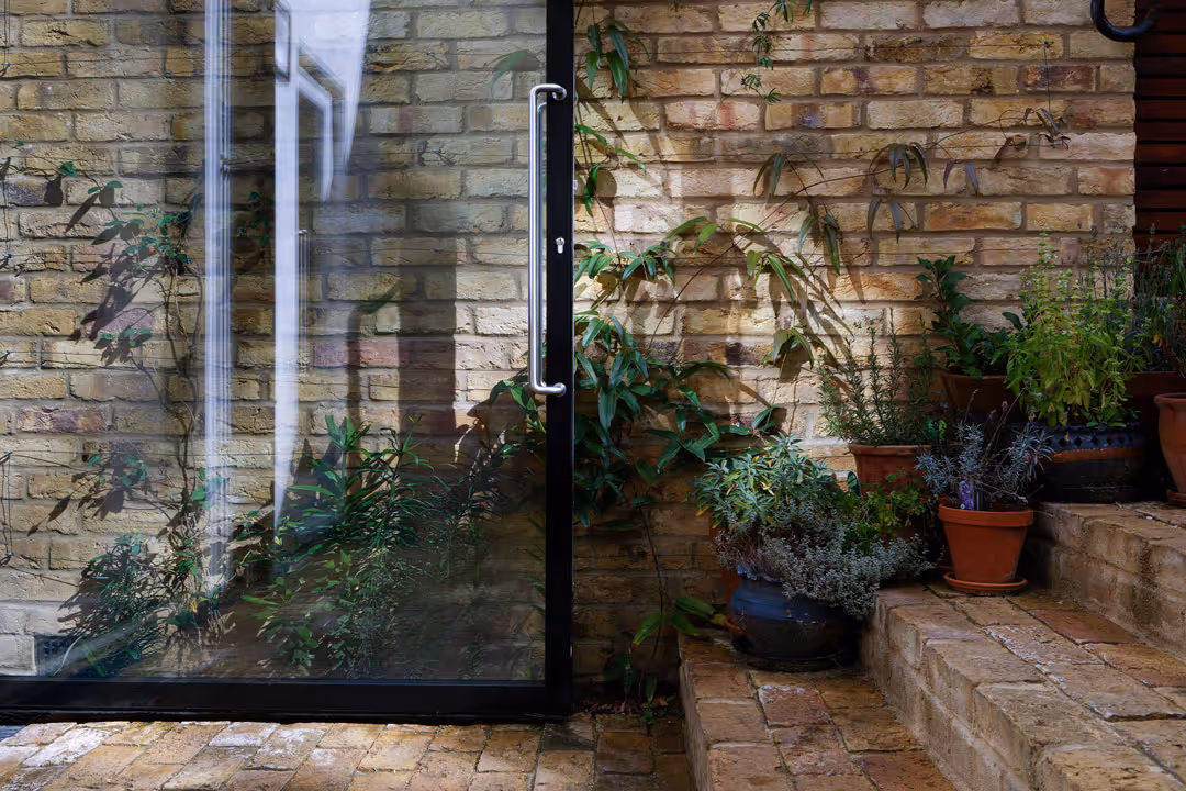 A closeup shot of steps and brick wall textures. This was an architectural project in Norwood
