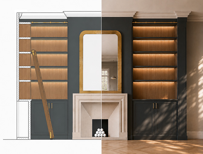 A render drawing of a wall and fireplace