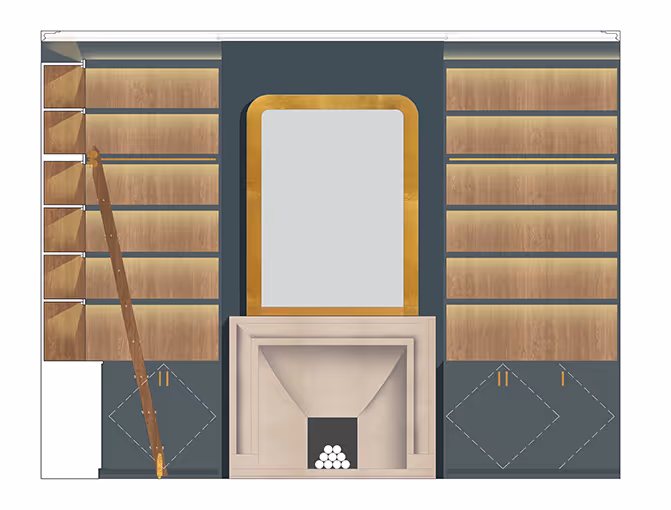 A render drawing of a wall and fireplace