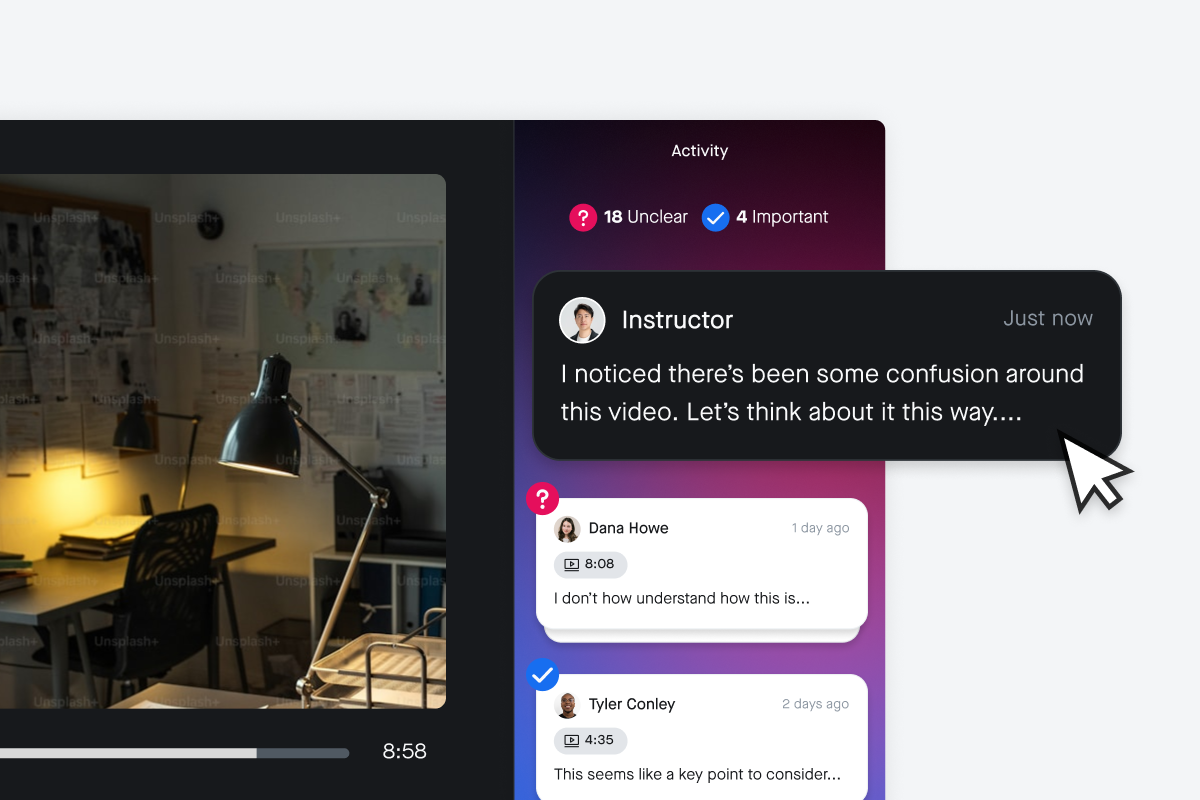 Honor video player interface showing a study room with a desk lamp on. To the right, Honor's activity panel highlights 18 unclear and 4 important comments, including an instructor's message addressing confusion about the video.