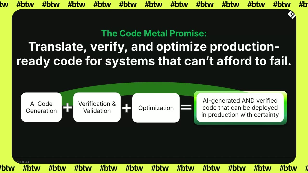 Code Metal slide: translate, verify and optimize production-ready code, shown on Built This Week episode 48