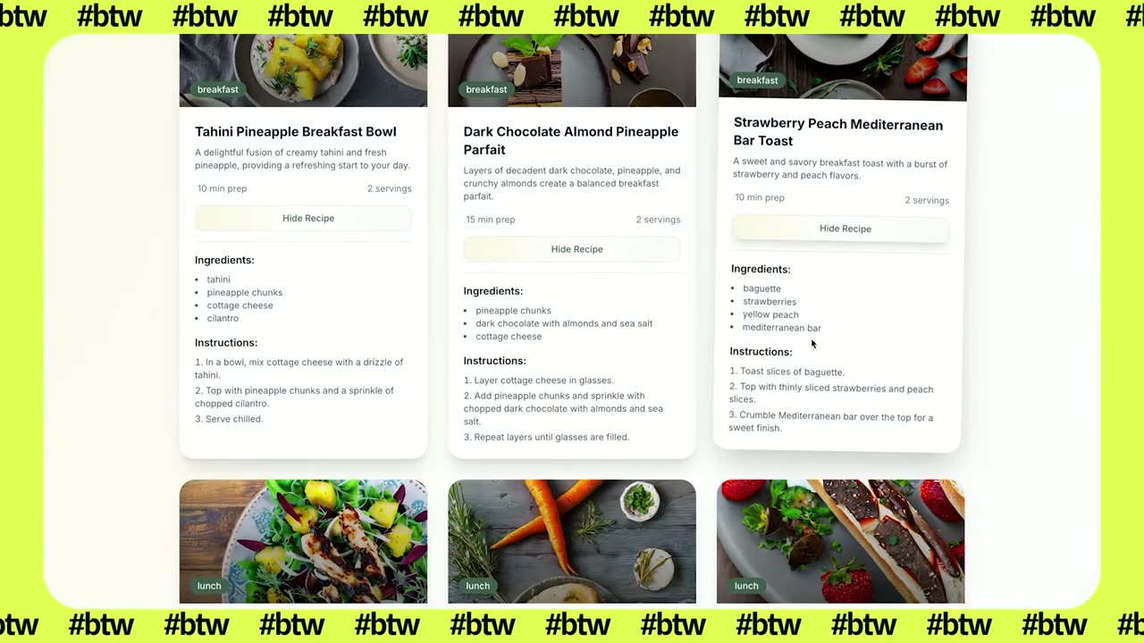 AI-generated recipe cards from the grocery receipt build, shown on Built This Week episode 12