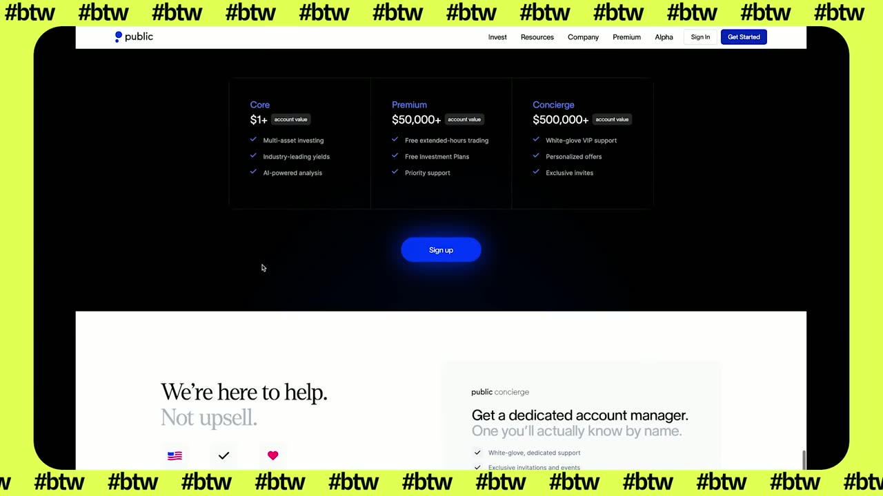 Public's pricing page shown during the trading bot build on Built This Week episode 8
