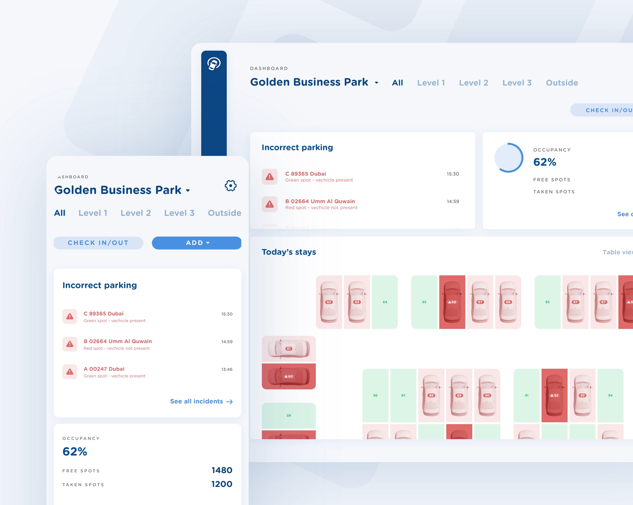 A dual dashboard interface for Golden Business Park, displaying real-time parking spot occupancy and incorrect parking events. The view combines list and map visualizations, occupancy stats, and vehicle data in a light, clean UI.