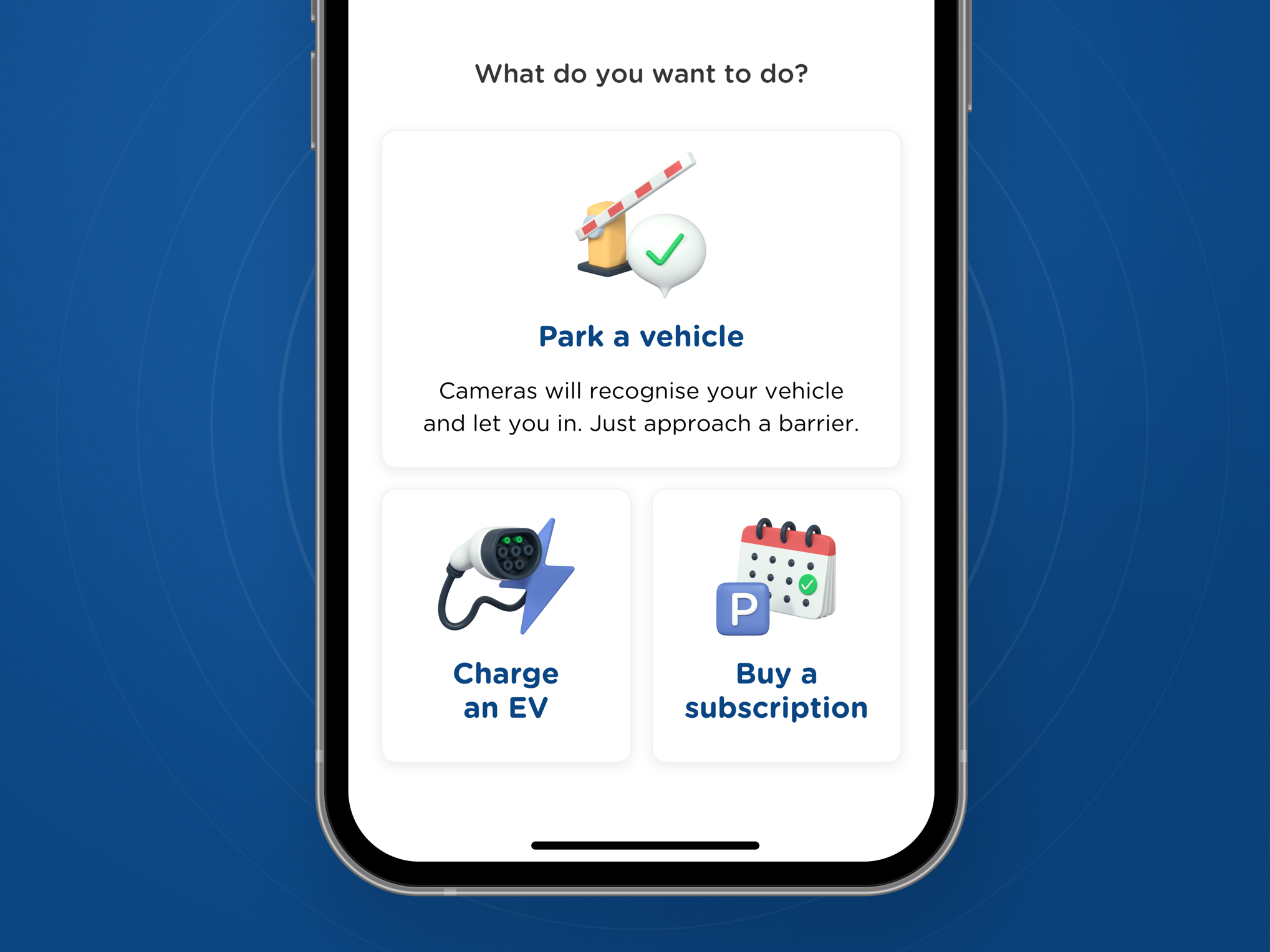 A smartphone interface showing a screen with three large action buttons: “Park a vehicle,” “Charge an EV,” and “Buy a subscription.” Each option includes an icon and explanatory text, indicating a simple entry point for smart parking services.