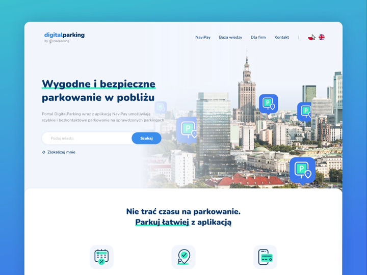 A web landing page for DigitalParking, featuring a city skyline (Warsaw) with interactive parking map icons. The page highlights a search bar to find nearby parking and a tagline promoting contactless parking through the NaviPay app.