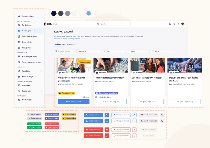 A web interface displaying a training catalog within an employee learning platform. The design features a sidebar menu, a searchable list of training cards (with tags like “Obowiązkowe” or “Oczekuje na akceptację”), and a component system including colored badges and buttons representing status and action states.