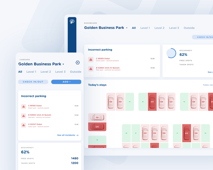 A dual dashboard interface for Golden Business Park, displaying real-time parking spot occupancy and incorrect parking events. The view combines list and map visualizations, occupancy stats, and vehicle data in a light, clean UI.