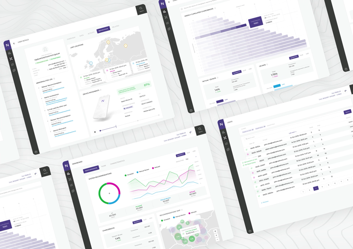 A series of dashboard panels from a fraud detection platform. The screens include data visualizations like graphs, device behavior logs, maps, and recommendation accuracy, displayed in a modular, data-heavy interface using a purple-accented dark sidebar.