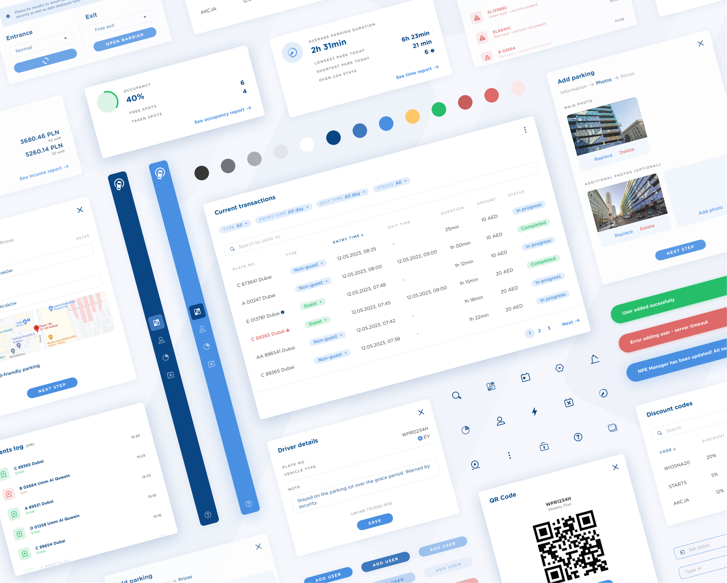 A design system overview for a parking management platform showing multiple UI components, such as transaction tables, user details, status tags, navigation menus, and iconography, laid out across a gradient-blue background.
