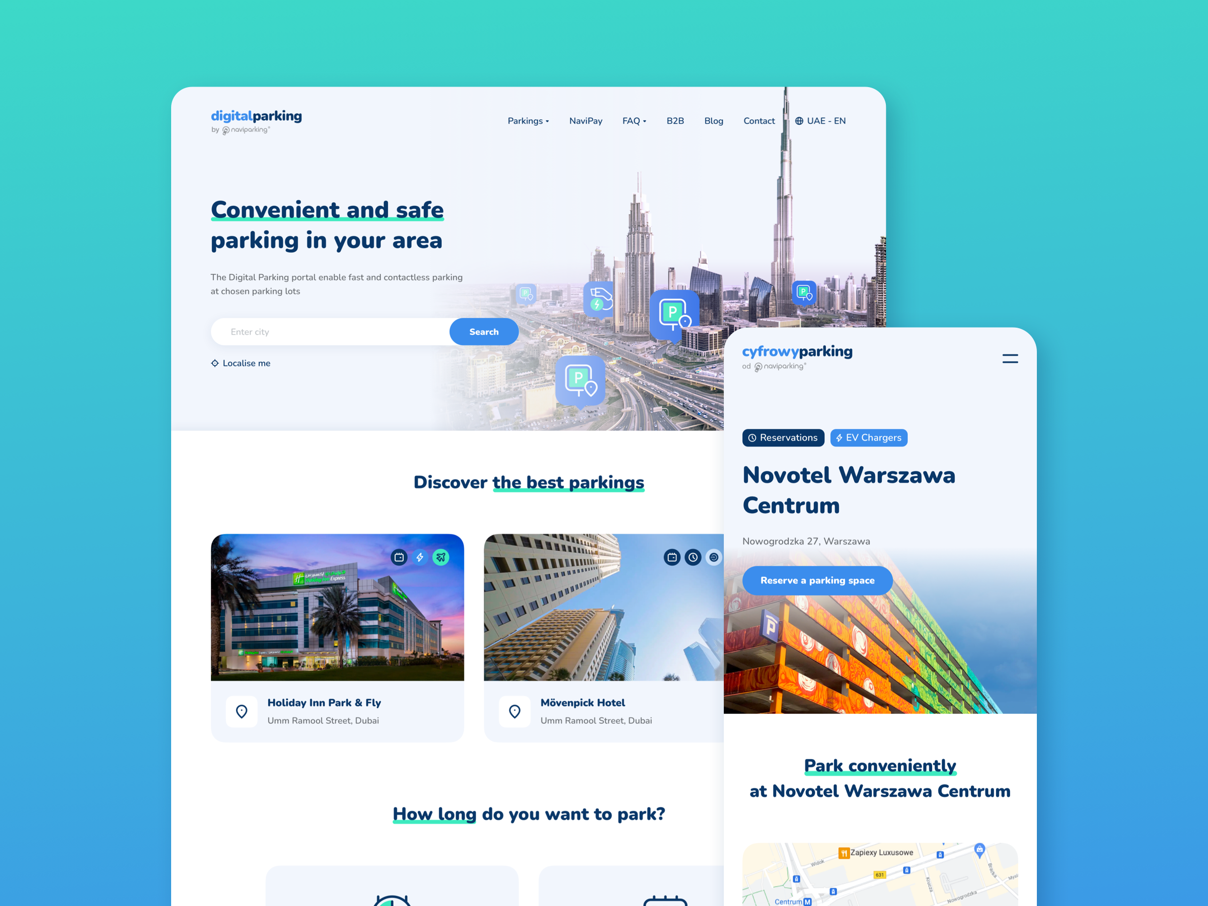 A web design mockup showing the English-language DigitalParking homepage with a Dubai skyline and parking location cards, alongside a mobile view of the Polish-language CyfrowyParking Novotel Warszawa Centrum page with booking and EV charger information.