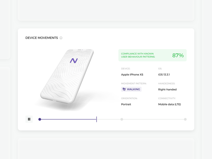A dashboard widget showing device movement data for fraud detection. It displays a 3D-rendered phone with a patterned surface and a purple “N” logo, alongside analytics: compliance with known user behavior patterns at 87%, device type (Apple iPhone XS), OS (iOS 13.3.1), movement pattern (walking), handedness (right-handed), orientation (portrait), and connectivity (mobile data LTE).