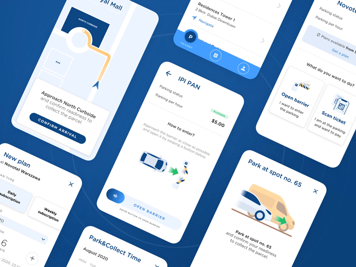 A collage of mobile screens from the NaviPay app showing various user flows, including parcel pickup navigation, parking payment, barrier access, subscription plan selection, and vehicle check-in at designated spots. The UI combines map visuals, clear icons, and action-oriented CTAs like “Confirm Arrival” and “Open Barrier” over a dark blue background.