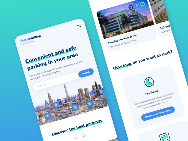 A side-by-side view of two mobile screens from the DigitalParking portal. The left screen shows a search interface with a Dubai cityscape background and parking location icons, while the right screen displays parking options for locations like Holiday Inn Park & Fly and a step to choose how long to park, with a “Reserve a parking space” button.