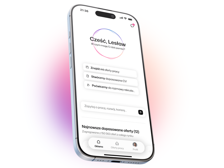 Smartphone screen showing a Rocket job search app greeting the user and offering options to find job offers, create CV, and practice interview skills.