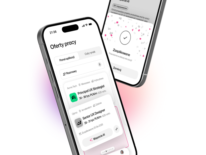 Two smartphones displaying a job application app in Polish, showing UX job offers, locations, salaries, and AI support features.