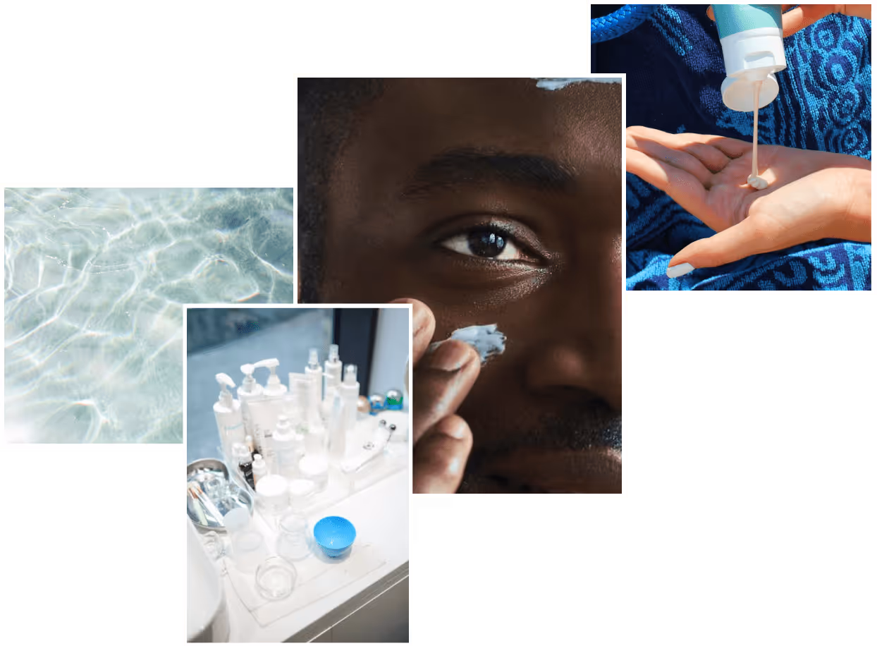 collage of black man applying cosmetic SPF cream on his face, bottles of various cosmetic products, person's hand squeezing sunscreen into her other hand and the ocean.