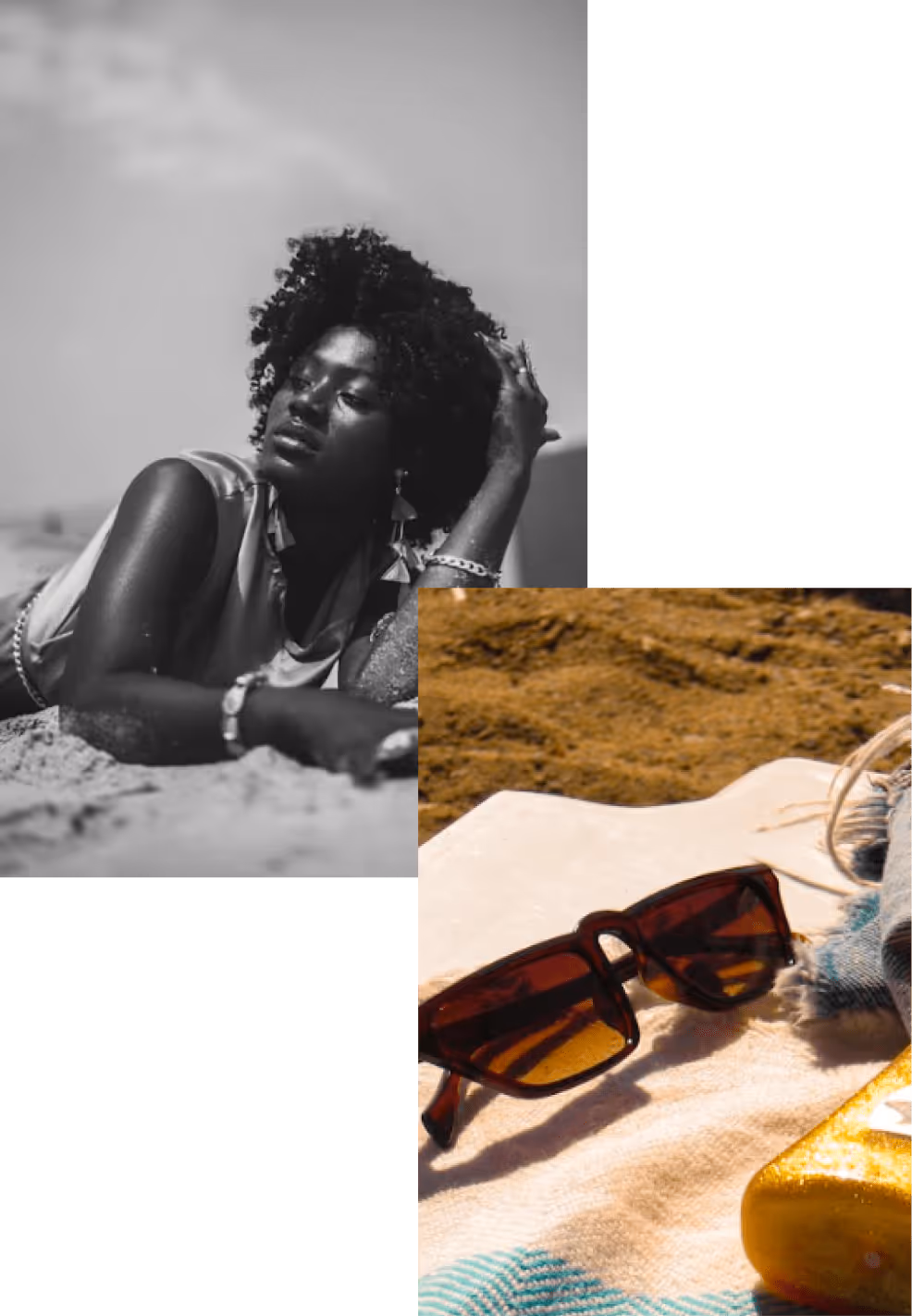 Collage of black woman lying on the beach after putting on sunscreen,
sunglasses and sunscreen on a beach towel on the sand