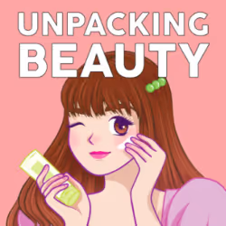 logo of the unpacking beauty podcast featuring a sketch representing a young woman putting on sunscreen