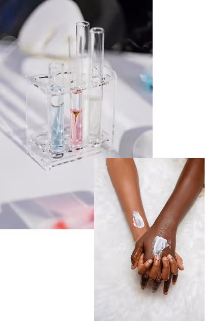 collage of lab flasks with colorful mixtures in them and two hands of two dark skinned people intertwined with cream swatched on the back of their hands