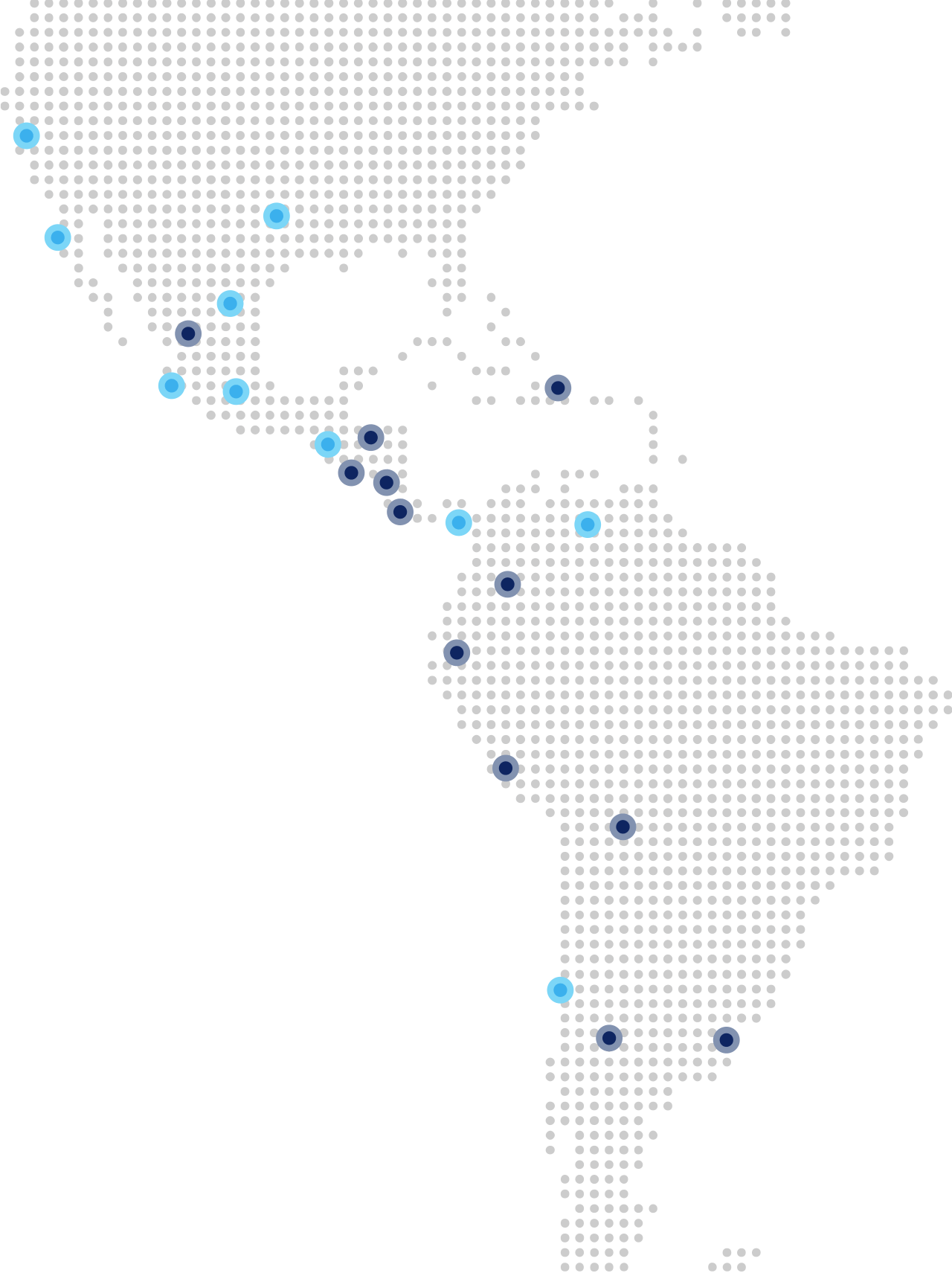 Mapa de América con puntos azules y azul oscuro que indican ubicaciones específicas de Flint Consulting