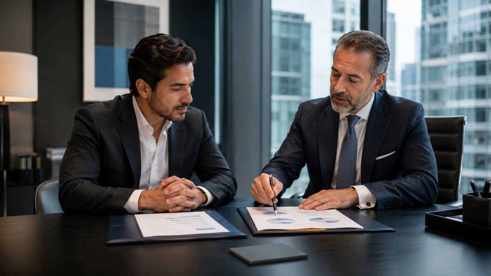 Empresario y asesor legal comparando dos rutas de inversión en Estados Unidos