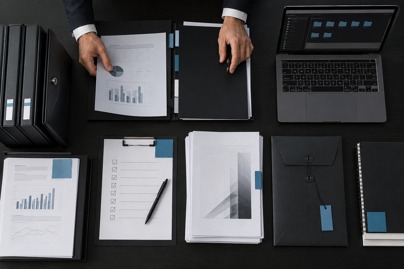 Documentos financieros organizados para preparar la venta de una empresa