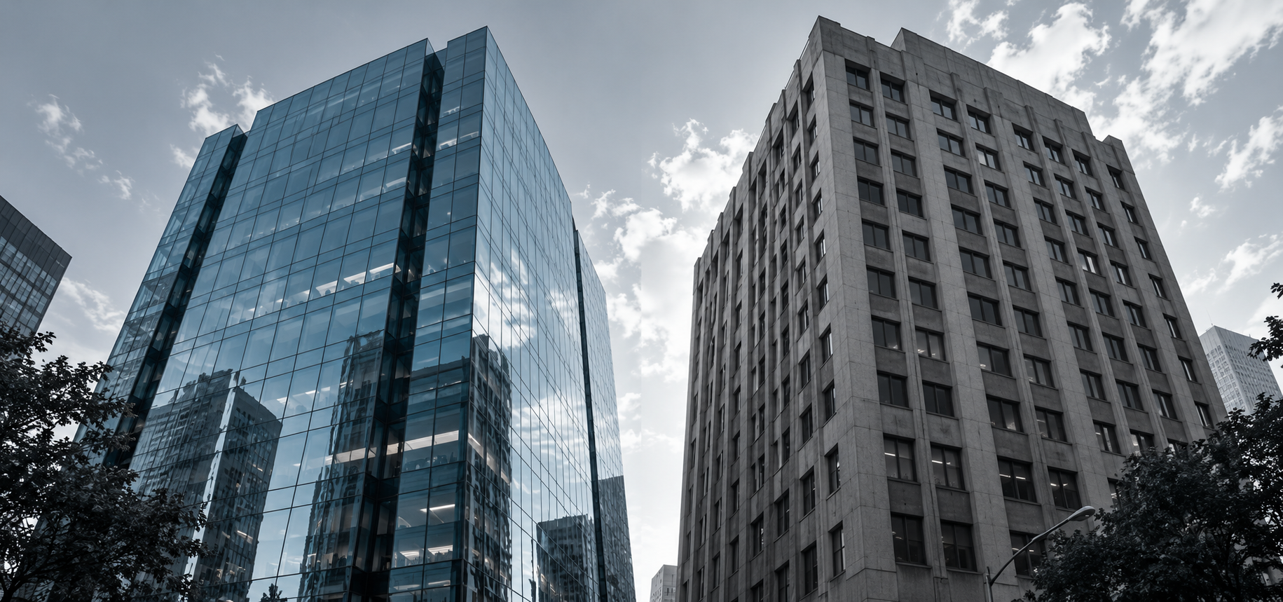 Edificios corporativos distintos para ilustrar diferencias en la valuación de empresas