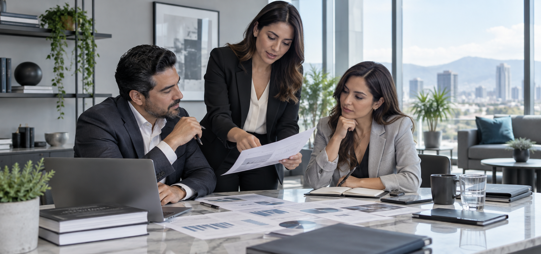 Equipo de servicios profesionales analizando información de clientes