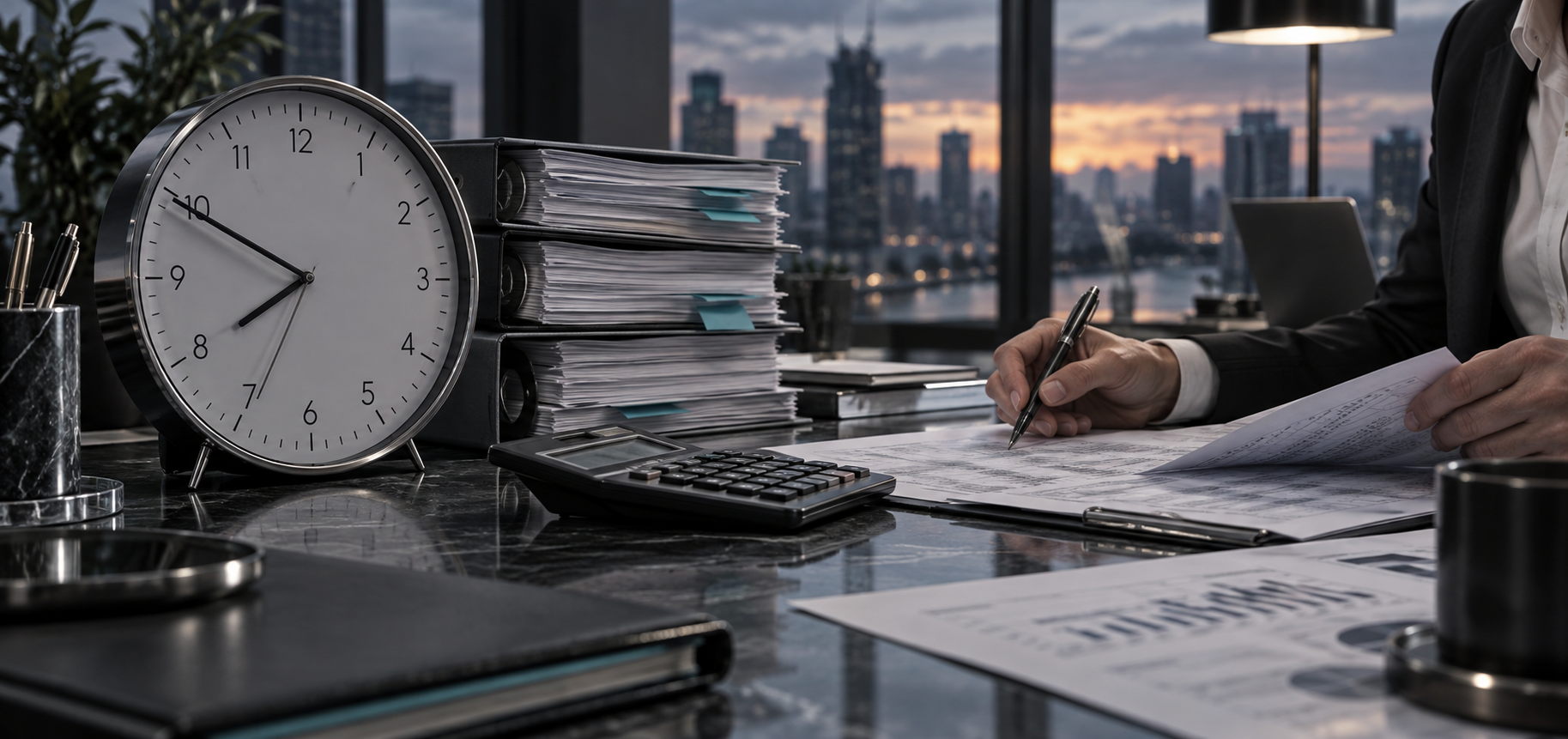 Reloj y documentos contables que ilustran el tiempo requerido para un cierre mensual