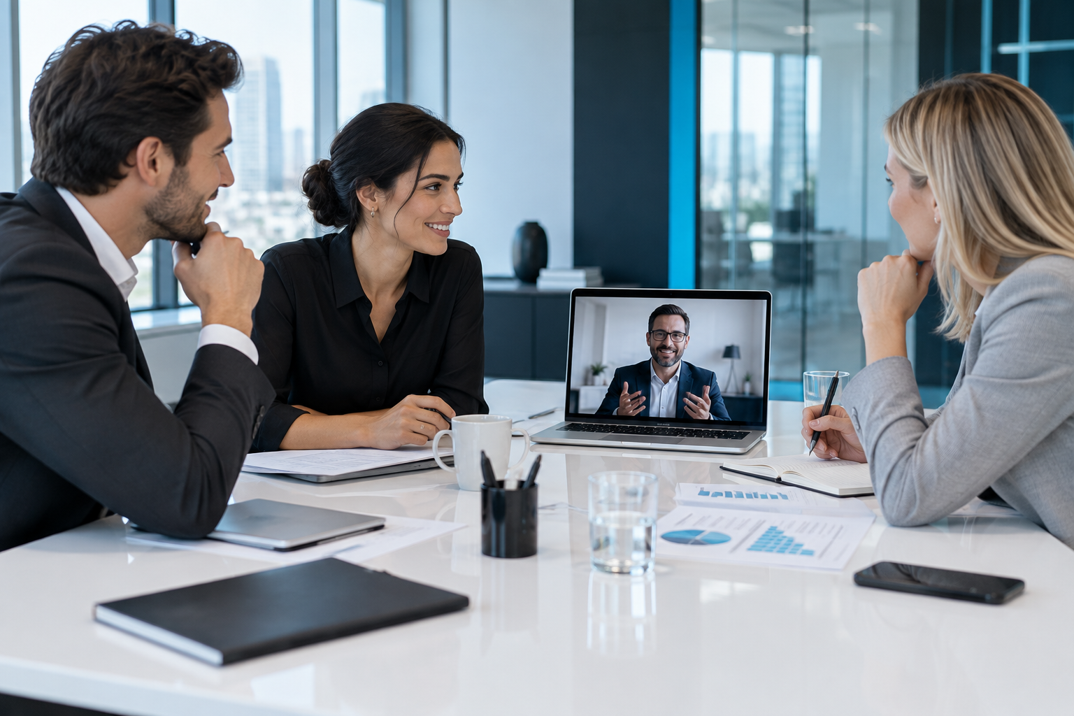 Equipo financiero colaborando con un asesor externo por videollamada